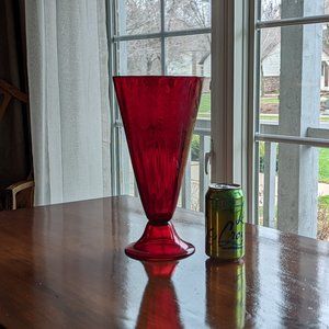Tall, vintage, etched, deep red glass vase